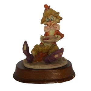 Sitting Clown Figurine Holding Plate Of Eggs&Bacon